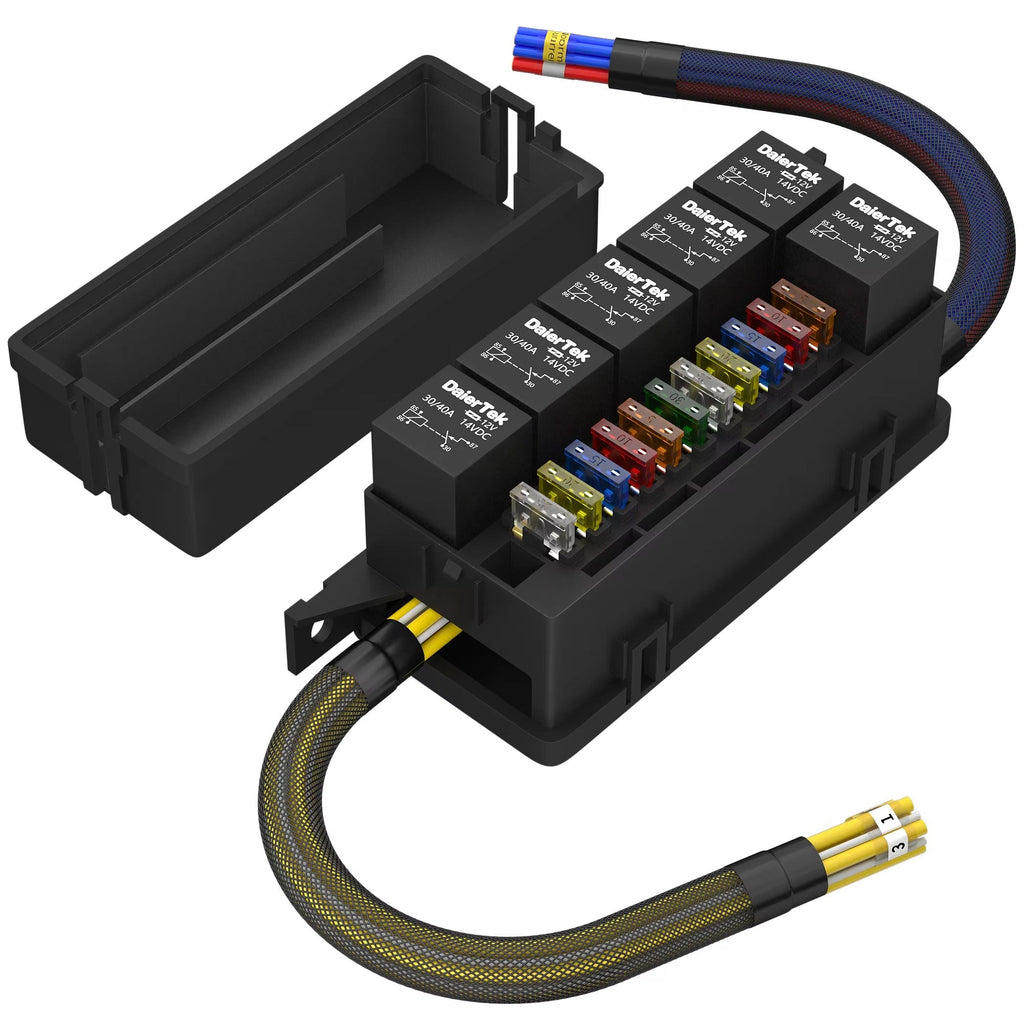 Pre-wired 6 Way Fuse and Relay Box Auto Waterproof Fuse Relay Box With 6 Relays and 11 Way ATC/ATO Blade Fuses for Automotive