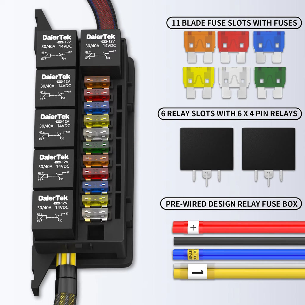 Pre-wired 6 Way Fuse and Relay Box Auto Waterproof Fuse Relay Box With 6 Relays and 11 Way ATC/ATO Blade Fuses for Automotive