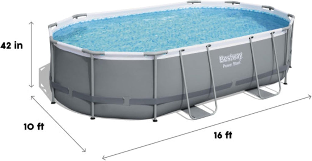 Bestway Power Steel Oval Metal Frame Above Ground Outdoor Swimming Pool Set