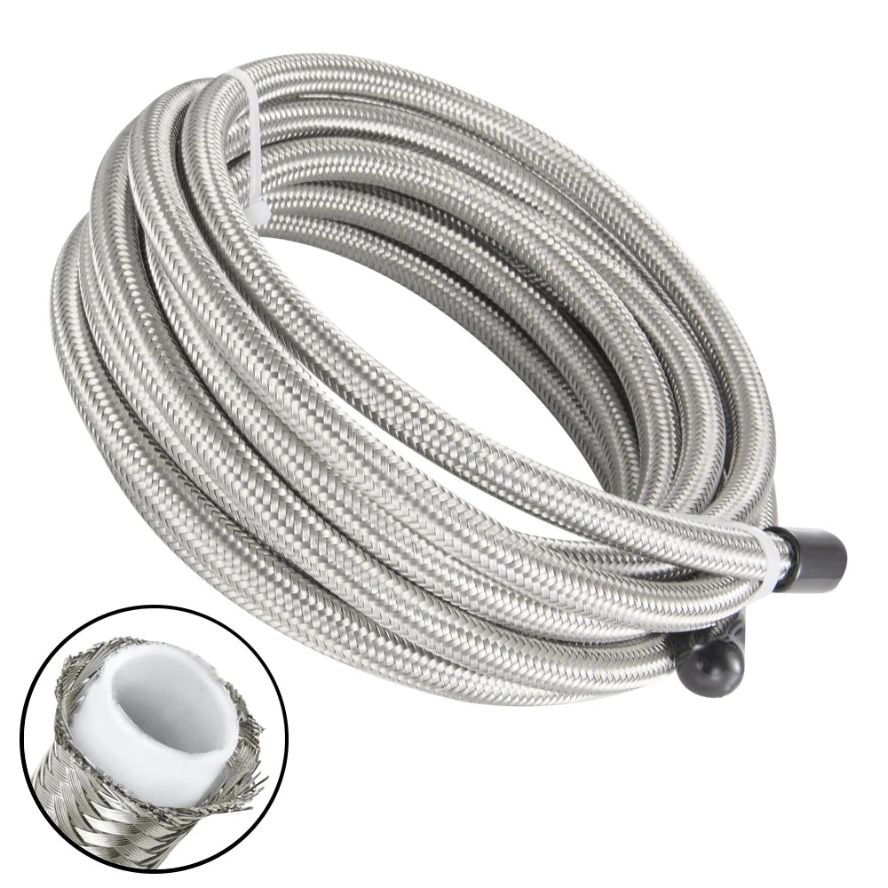 Universal 6AN PTFE E85 Braided Fuel Line Kit - 16 ft (5 m) with 10 Fittings, Silver