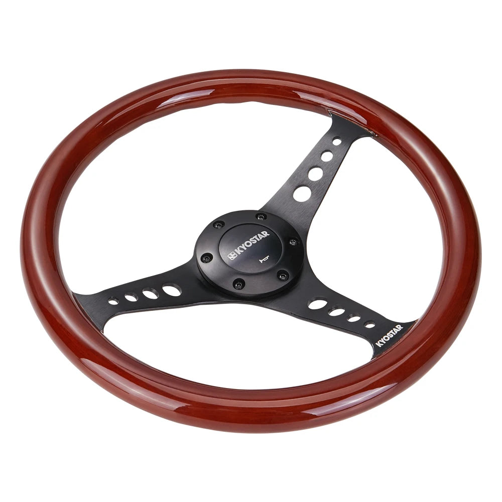 Universal 350 mm Classic Wood Grain 3-Spoke Steering Wheel, Black Spokes, with Horn Button