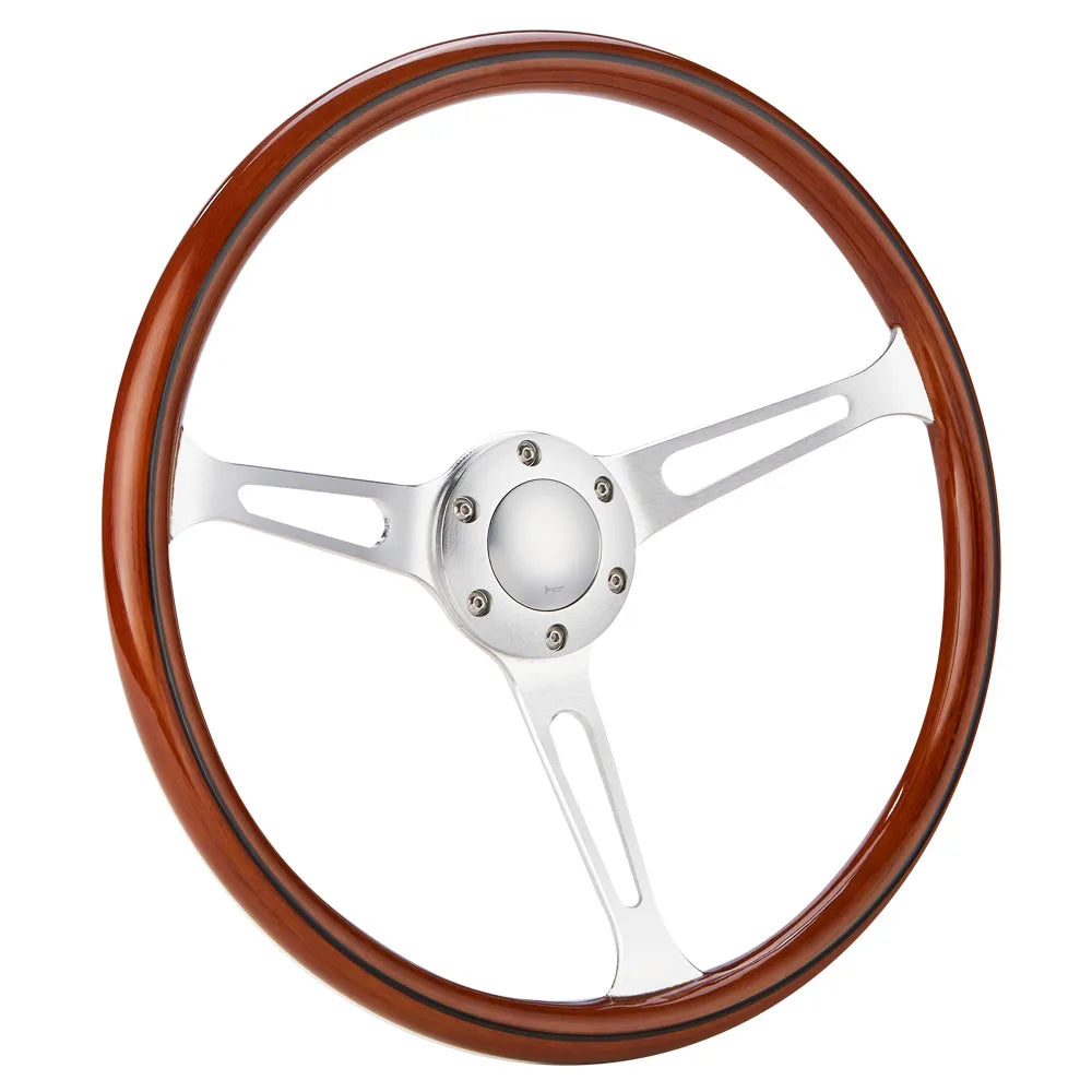 Universal 15 inch 380 mm Classic Wood Grain 3-Spoke Steering Wheel, Silver Chrome Spokes
