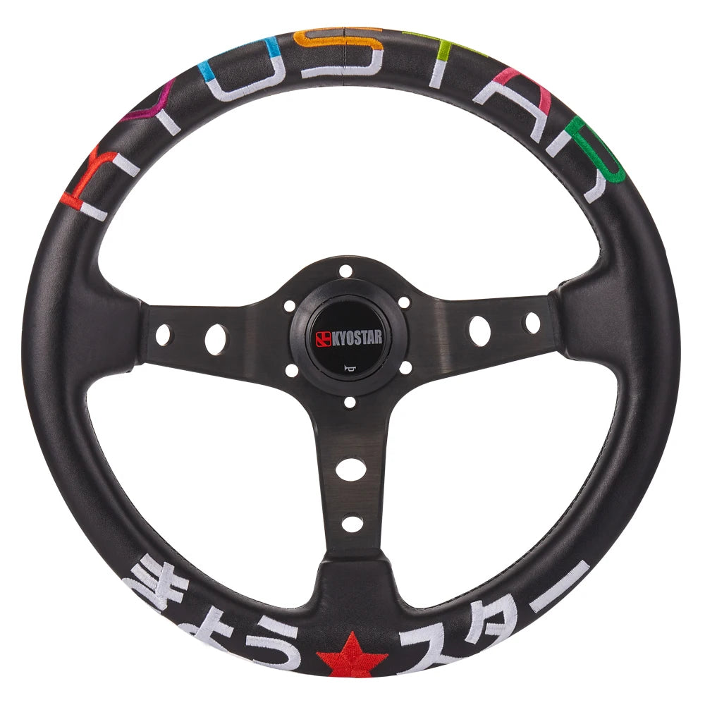 Universal 350mm 14 inch Stitched Leather Deep Dish Steering Wheel - Black, 83mm Dish