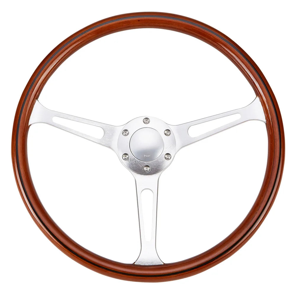 Universal 15 inch 380 mm Classic Wood Grain 3-Spoke Steering Wheel, Silver Chrome Spokes