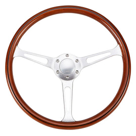 Universal 15 inch 380 mm Classic Wood Grain 3-Spoke Steering Wheel, Silver Chrome Spokes