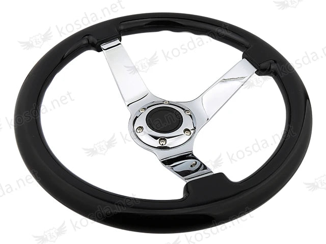 Classic 14 Inch 350mm Deep Dish Wood Steering Wheel with Chrome Spokes - Black Ring, 45mm Dish