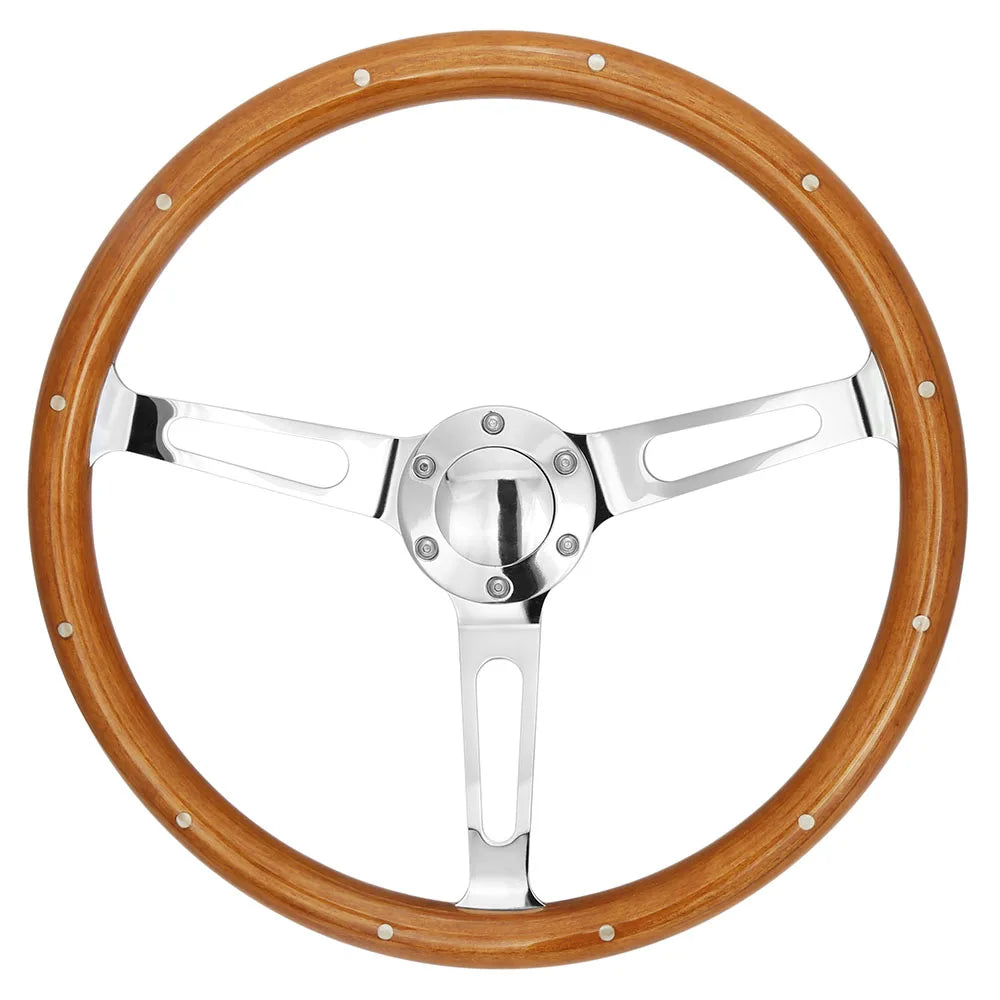 Vintage Universal 15 inch 380 mm Classic Wooden Grain Steering Wheel, Silver Chrome 3-Spoke