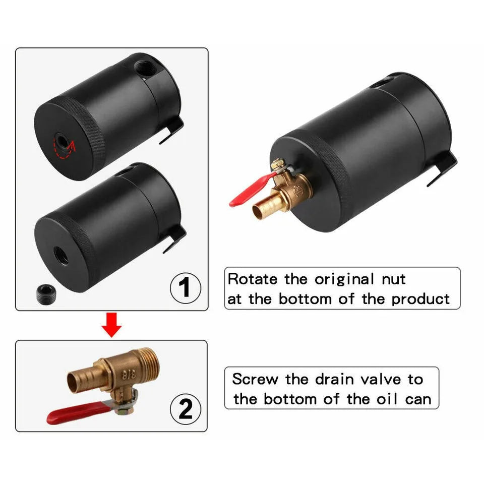 Universal 2-Port Aluminium Baffled Oil Catch Can with Drain Valve, 150 ml, 3/8 inch NPT