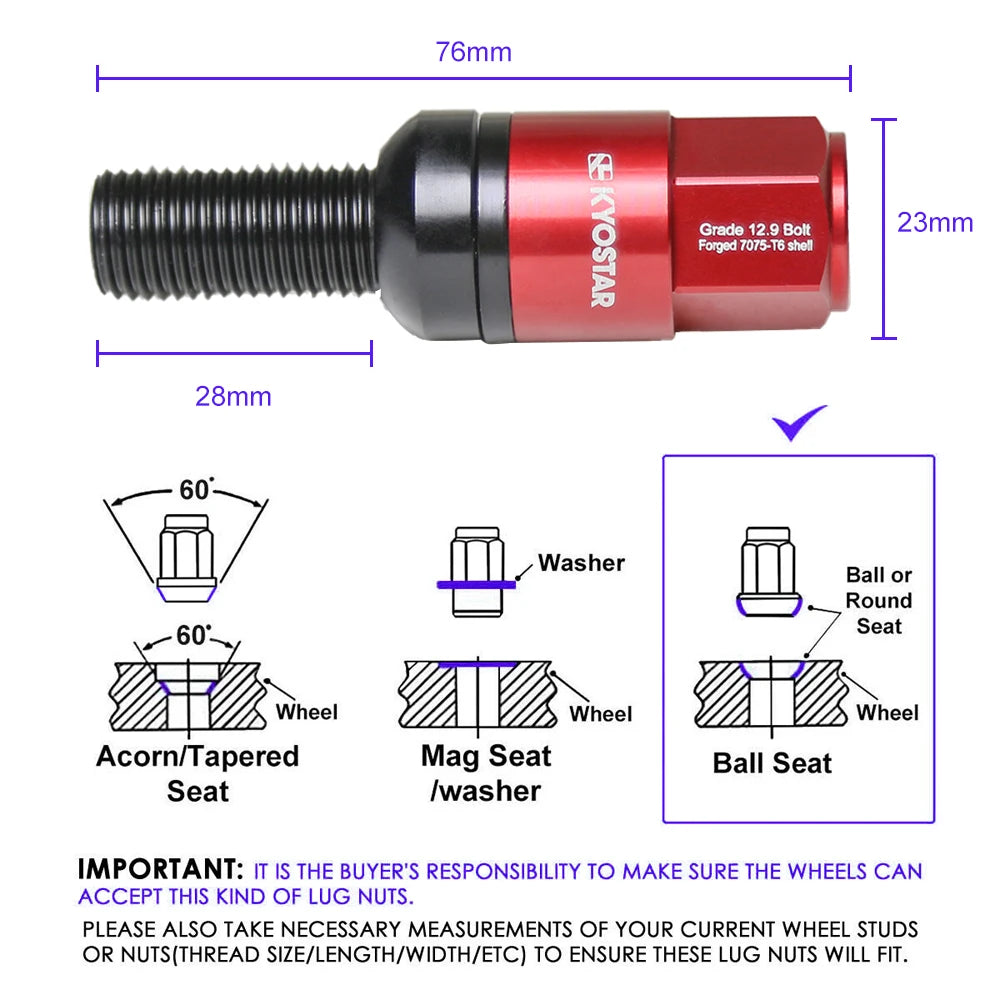 Mercedes-Benz 1992-2022 M14x1.5 Aluminium Closed End Ball Seat Lug Bolts with Forged Seat and Cap