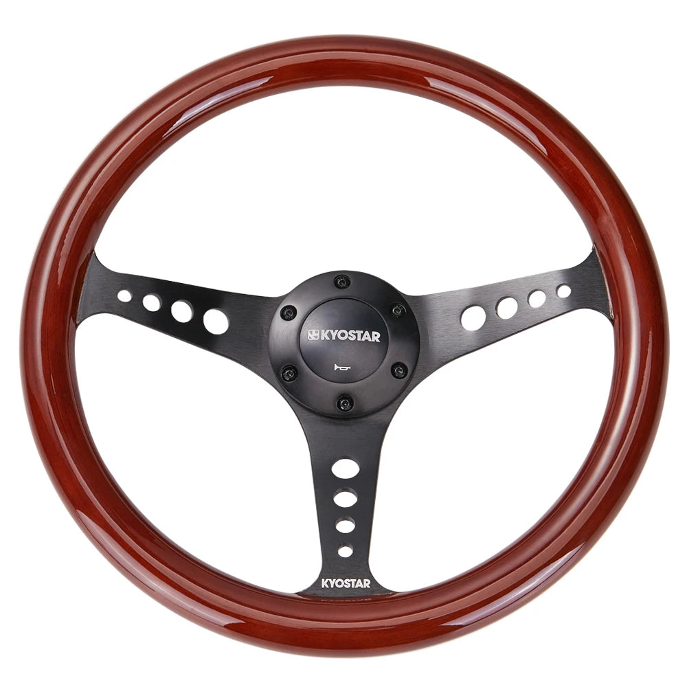 Universal 350 mm Classic Wood Grain 3-Spoke Steering Wheel, Black Spokes, with Horn Button