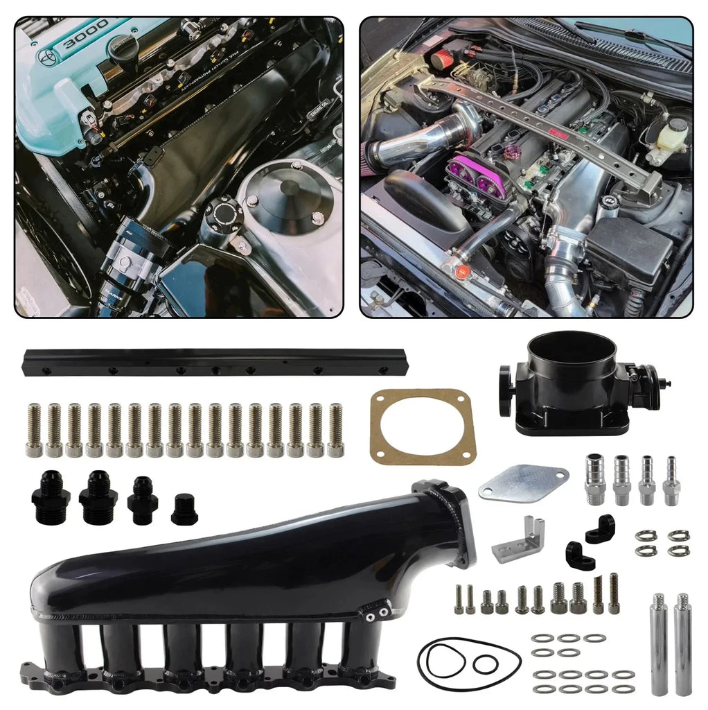 Toyota 2JZ TIG Welded Aluminium Intake Manifold with Fuel Rail and 90 mm Throttle Body, Black