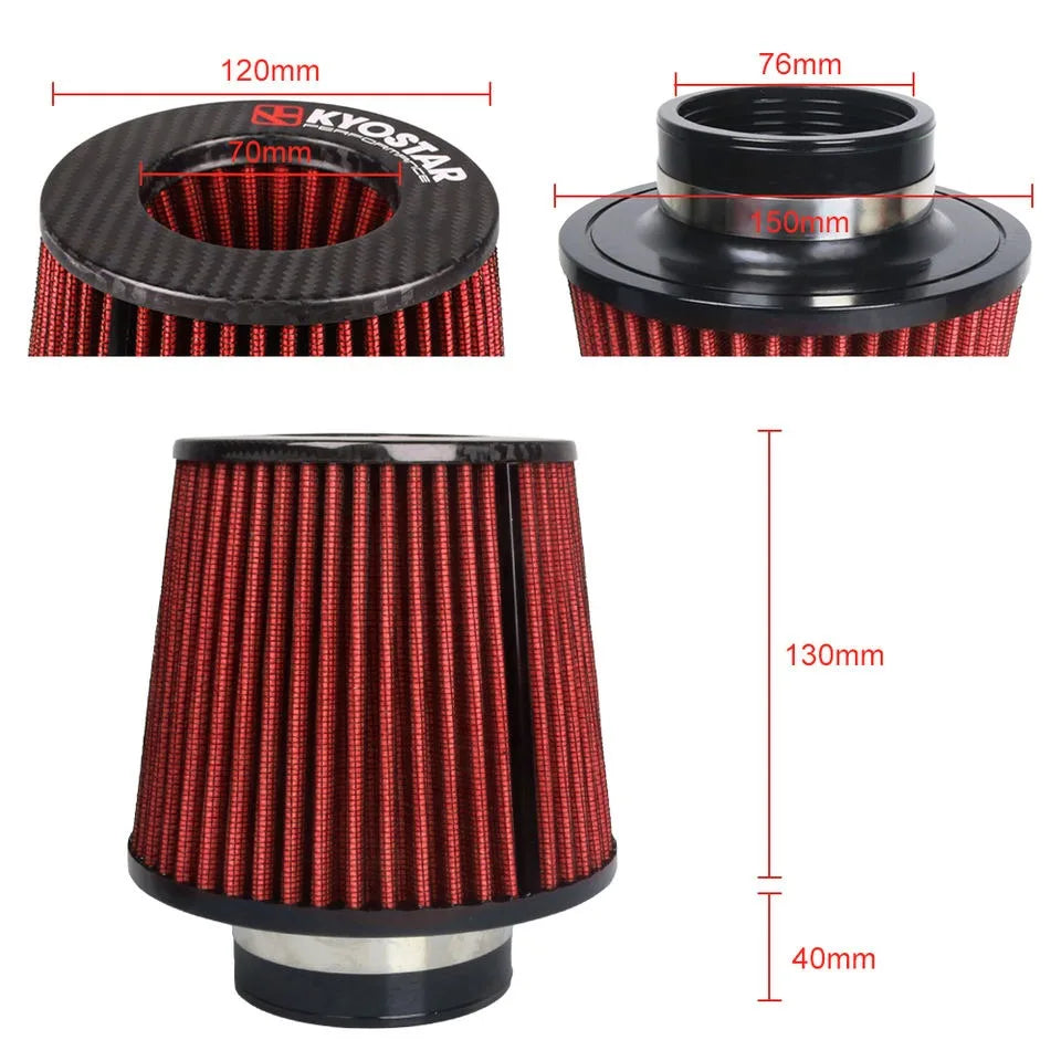 Universal 3 inch 76 mm Matte Carbon Fibre Top High Performance Dry Cone Air Filter, Washable