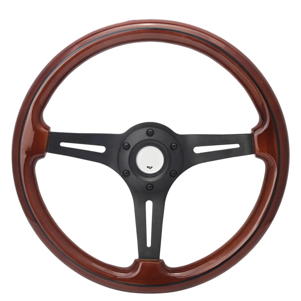 Universal 14 inch 350 mm 6-Bolt Vintage Wooden Steering Wheel, Black Spokes