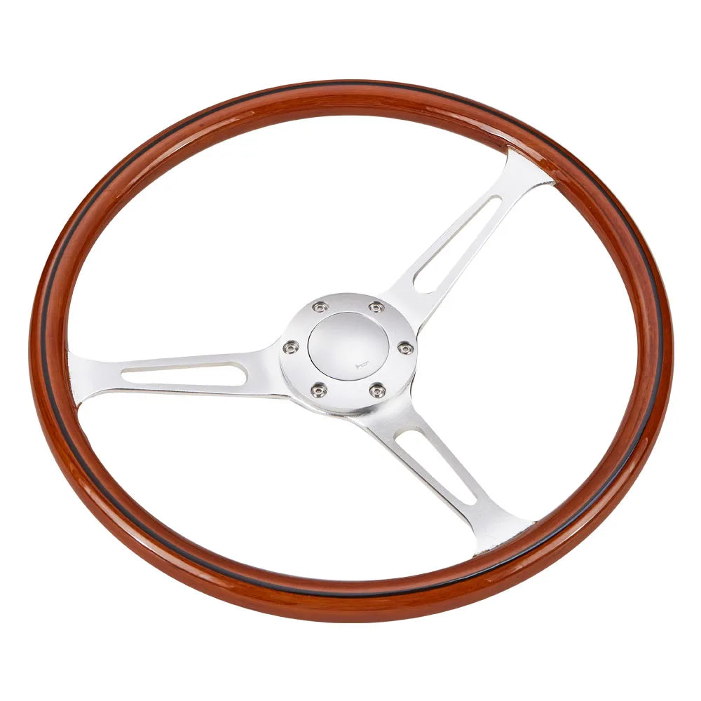 Universal 15 inch 380 mm Classic Wood Grain 3-Spoke Steering Wheel, Silver Chrome Spokes