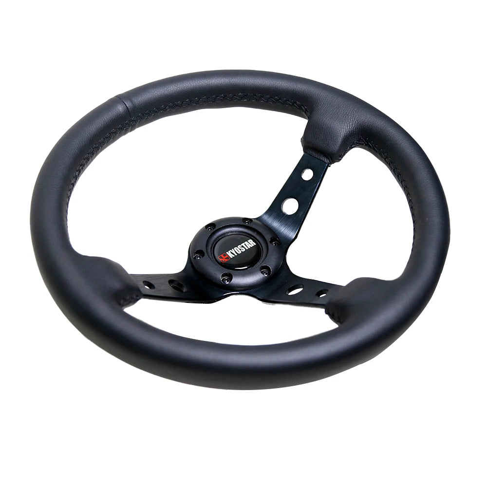 Universal 350mm (14 inch) Deep Dish Black Leather Steering Wheel with Horn Kit