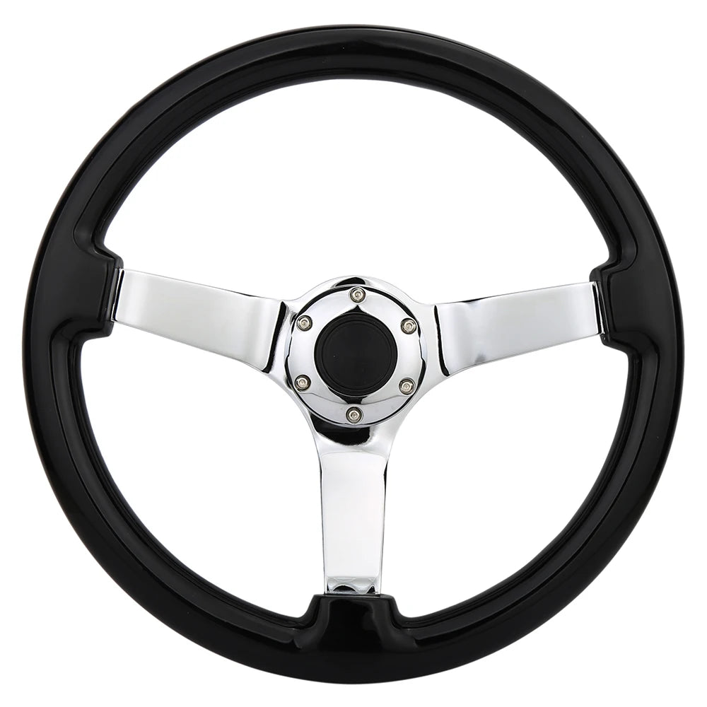 Classic 14 Inch 350mm Deep Dish Wood Steering Wheel with Chrome Spokes - Black Ring, 45mm Dish