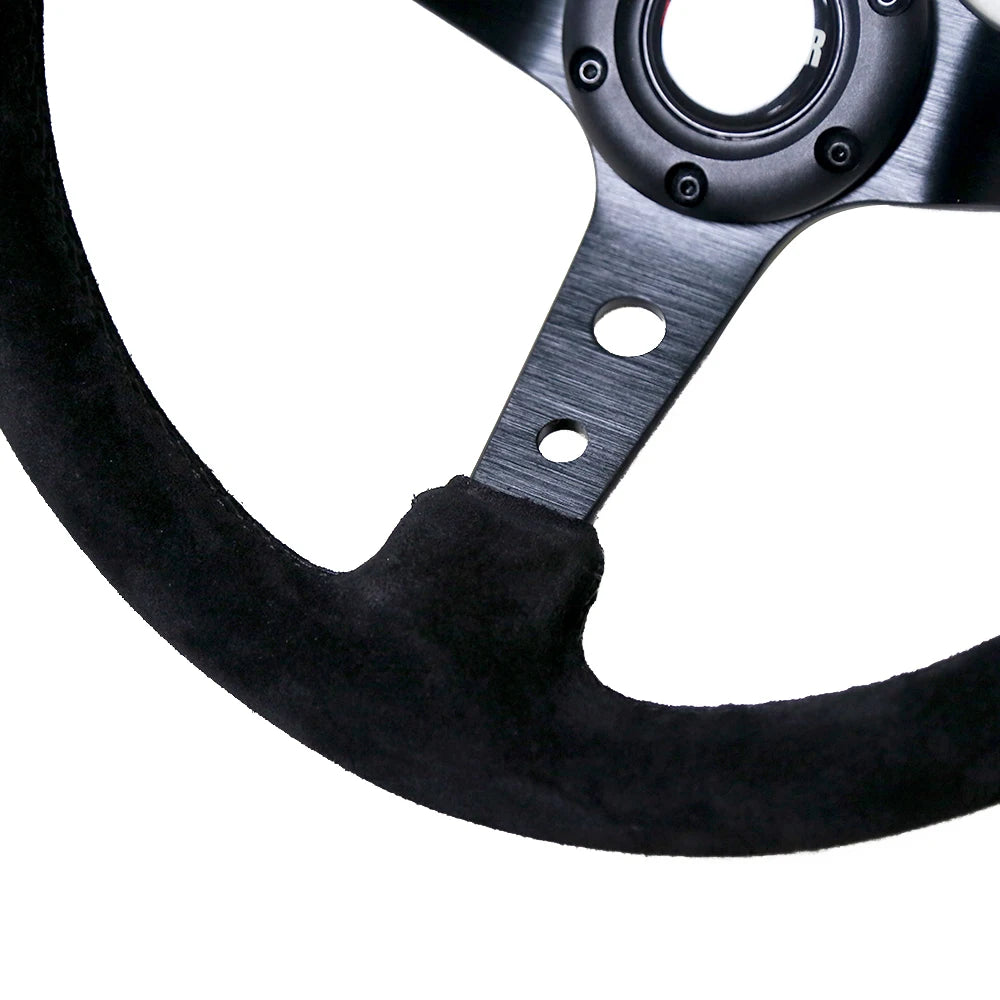 Universal 350mm 14 inch Deep Dish Steering Wheel - 90mm Dish, 70mm PCD, Brushed Spokes
