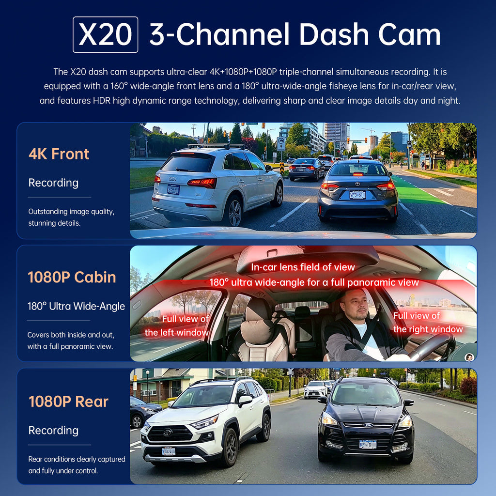 4K 3 Channel Dash Cam with WiFi & GPS | Front, Rear & Cabin Camera | Night Vision | Parking Mode