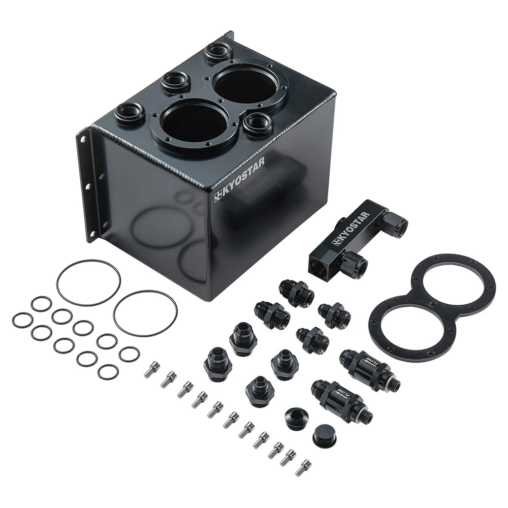 Universal 3 Litre Black Anodised Aluminium Dual Pump Fuel Surge Tank with Fuel Rail