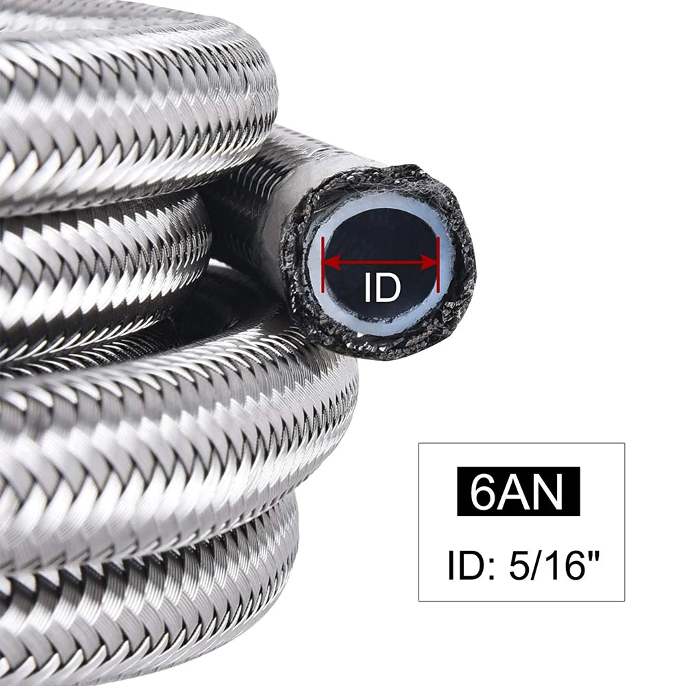 Universal 6AN PTFE E85 Braided Fuel Line Kit - 16 ft (5 m) with 10 Fittings, Silver