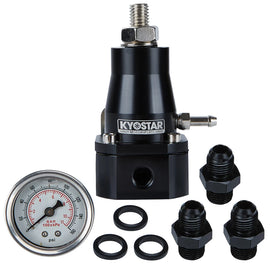 Universal Adjustable Fuel Pressure Regulator with Gauge - AN6 Ports, Black Aluminium