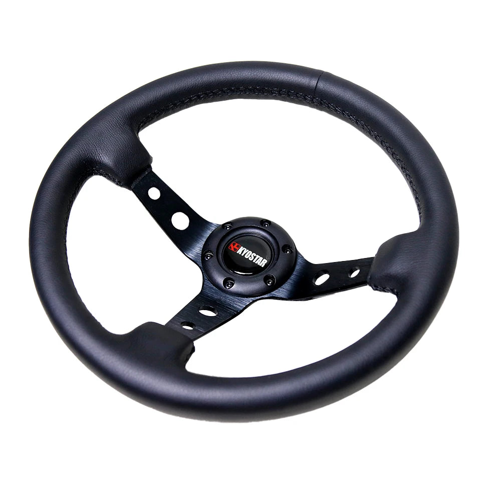 Universal 350mm (14 inch) Deep Dish Black Leather Steering Wheel with Horn Kit