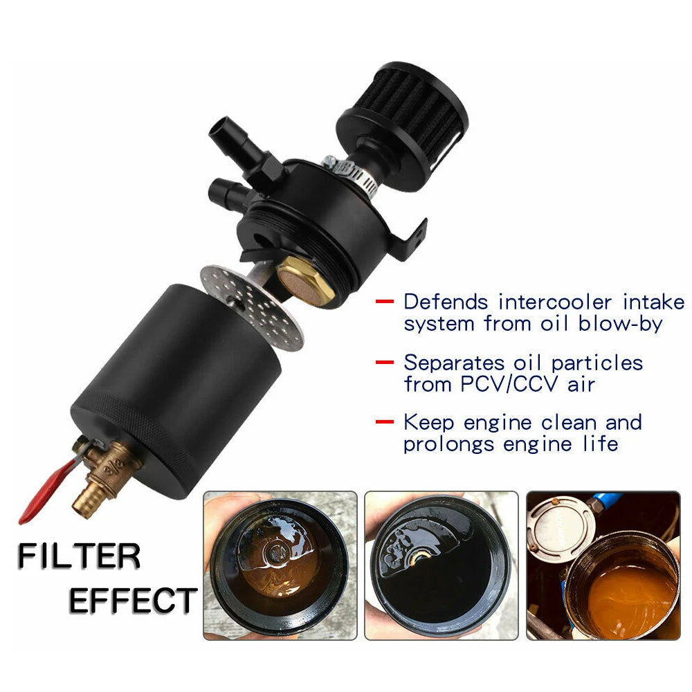 Universal 150ml Baffled Aluminium Oil Catch Can - 2 Port, 3/8 inch NPT, with Drain Valve and Filter