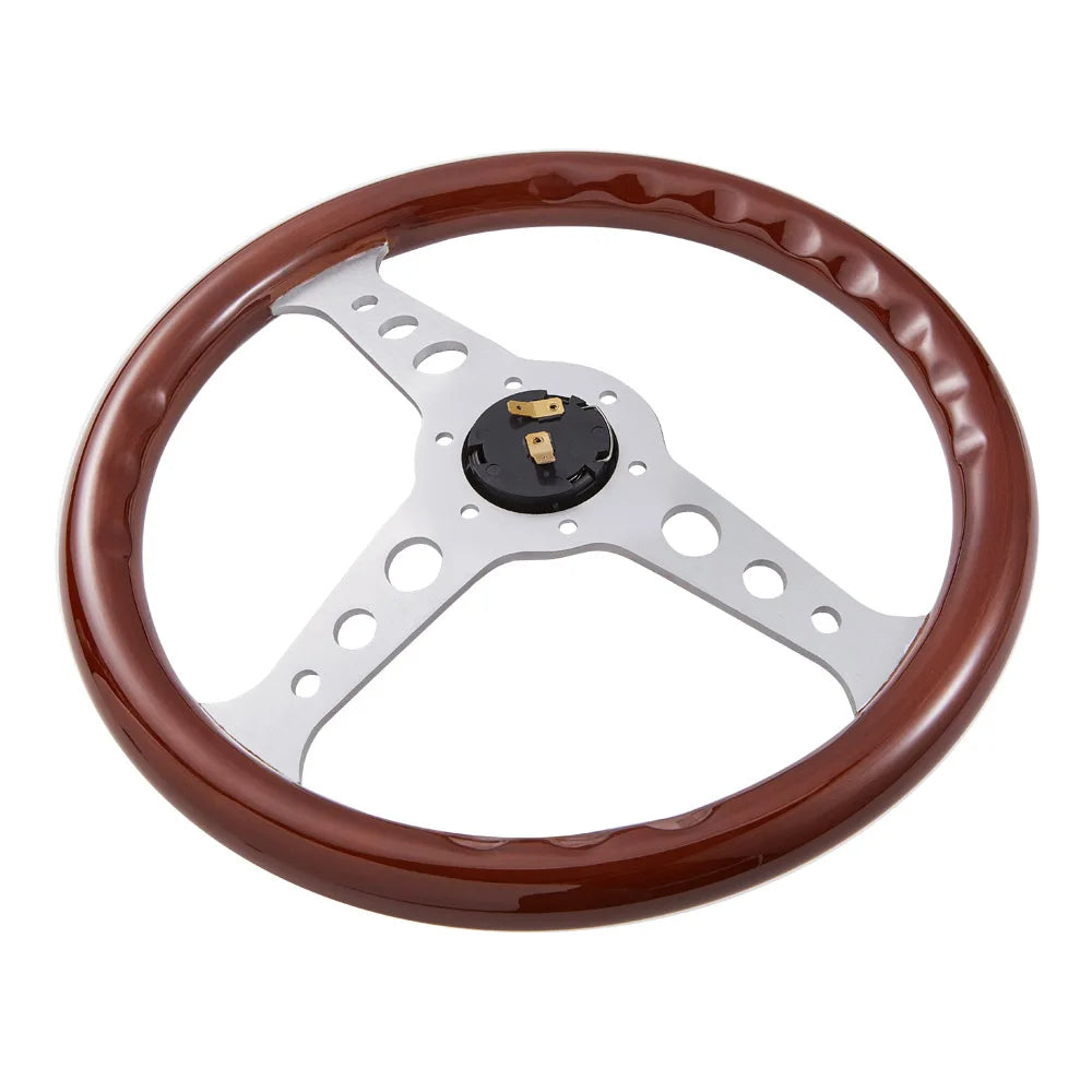 Universal 350 mm 14 inch Classic Flat Wood Grain Steering Wheel, Silver Spokes