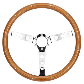 Universal 15 inch 380 mm Classic Real Wood Steering Wheel with Polished Silver Chrome Spokes and Round Holes