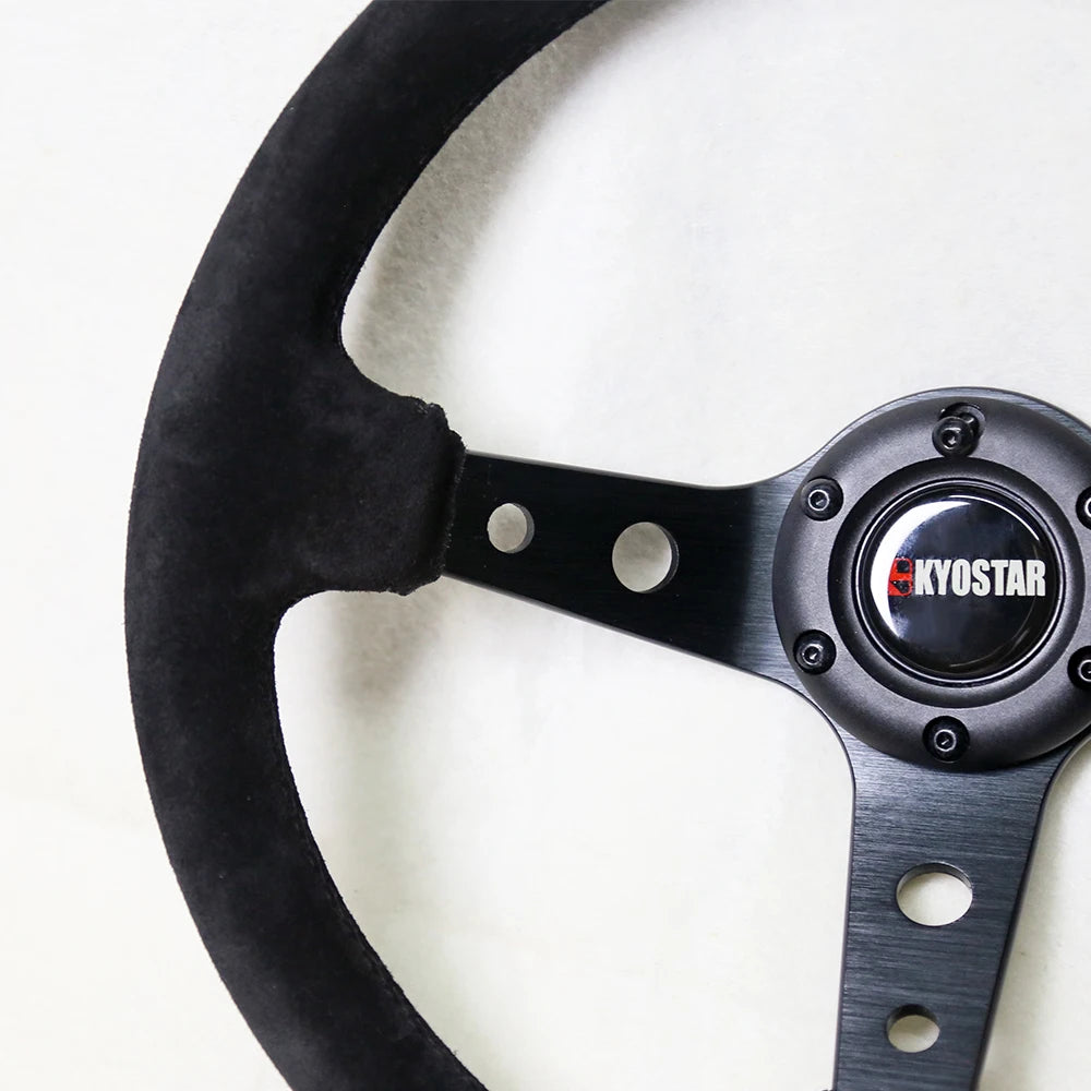 Universal 350mm 14 inch Deep Dish Steering Wheel - 90mm Dish, 70mm PCD, Brushed Spokes