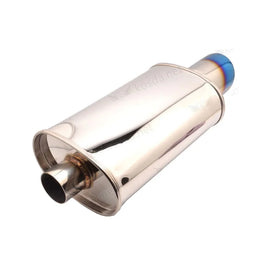 Universal 304 Stainless Steel Exhaust Muffler - 63mm Inlet, 104mm Outlet, Blue Burnt Finish