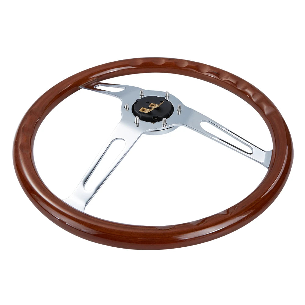 Vintage Classic 15 inch Wooden 3-Spoke Steering Wheel, Silver