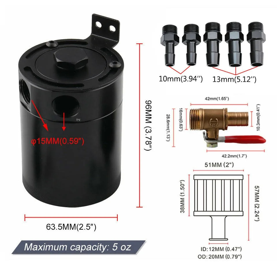 Universal 2-Port Aluminium Baffled Oil Catch Can with Drain Valve, 150 ml, 3/8 inch NPT