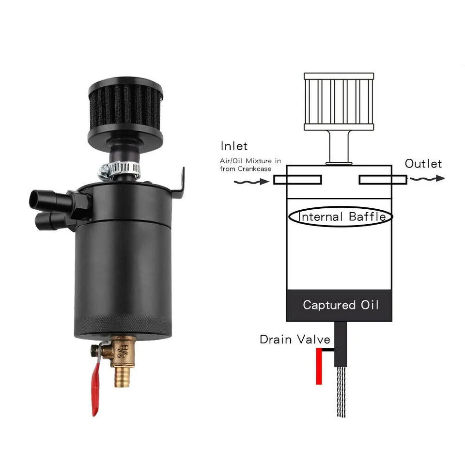 Universal 150 ml 5 oz Aluminium Baffled Oil Catch Can, 2 Port 3/8 inch NPT with Breather and Drain Valve