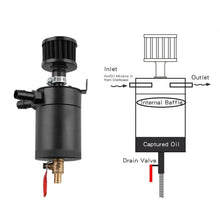 Load image into Gallery viewer, Universal 150 ml 5 oz Aluminium Baffled Oil Catch Can, 2 Port 3/8 inch NPT with Breather and Drain Valve