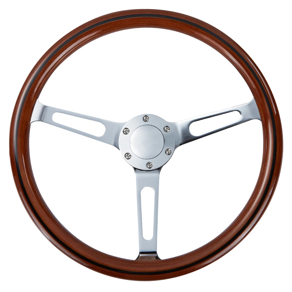 Vintage Classic 15 inch Wooden 3-Spoke Steering Wheel, Silver