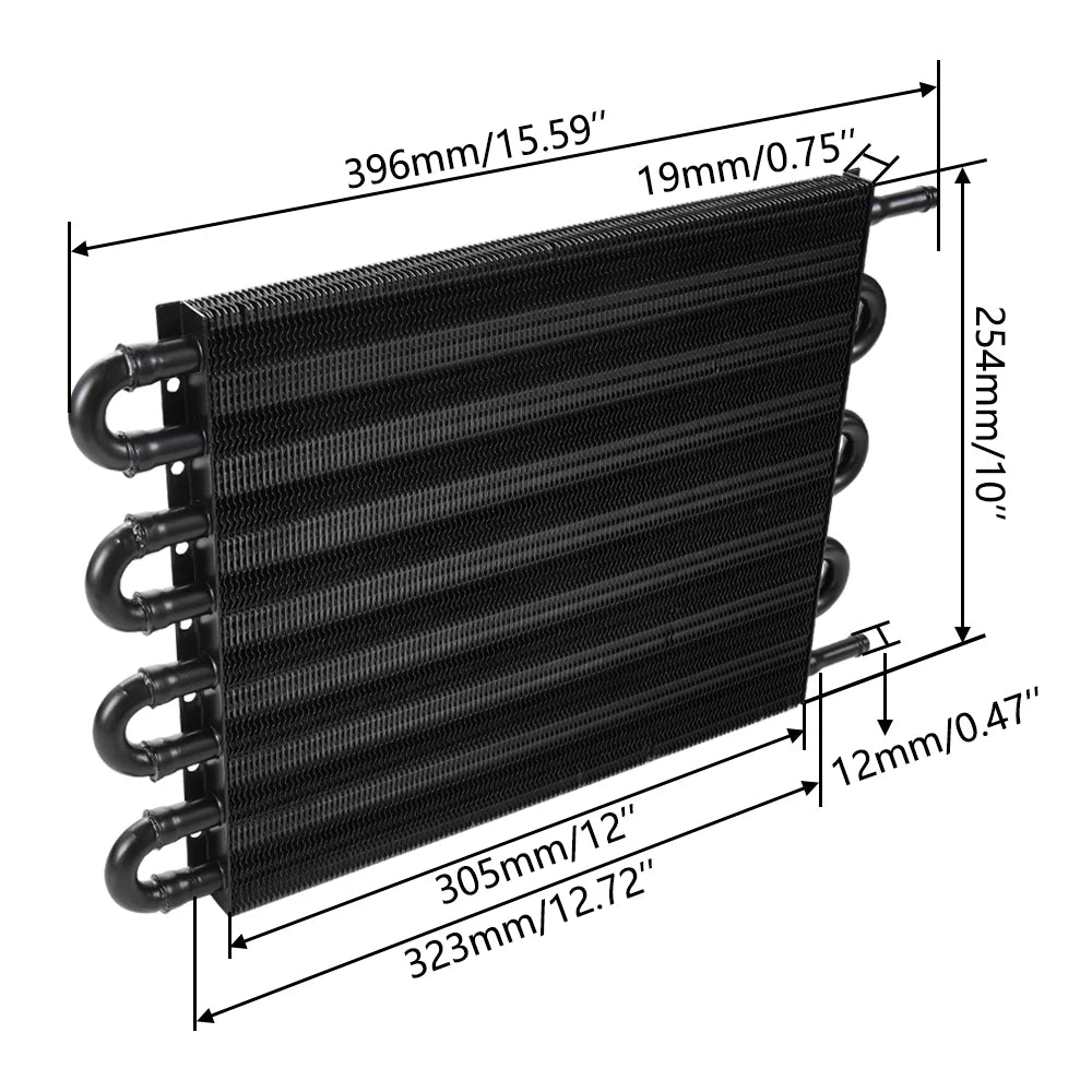 Universal 8 Row Plate and Fin Aluminium Transmission Oil Cooler 15.5 x 10 x 0.75 Inch with 6AN Ports - Black