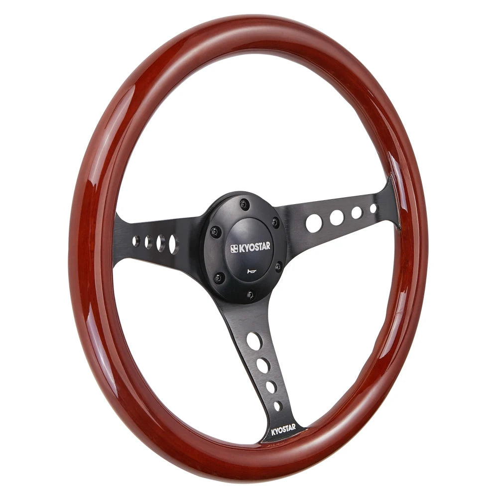 Universal 350 mm Classic Wood Grain 3-Spoke Steering Wheel, Black Spokes, with Horn Button
