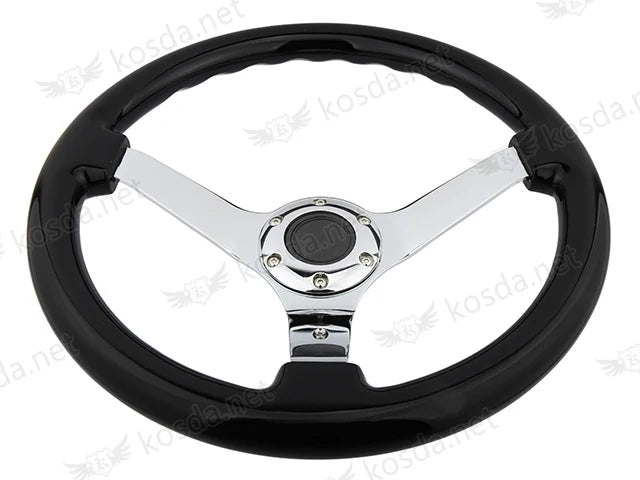 Classic 14 Inch 350mm Deep Dish Wood Steering Wheel with Chrome Spokes - Black Ring, 45mm Dish