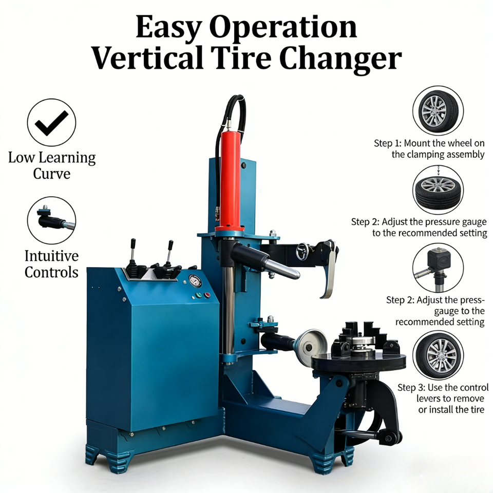 Heavy Duty Vertical Tire Changer, Hydraulic Chuck, Easy Operation, High Efficiency, Ideal for Auto Repair Workshops.