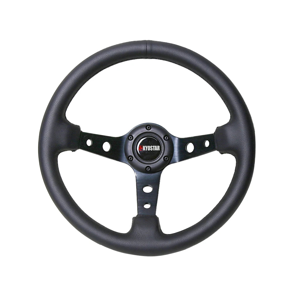 Universal 350mm (14 inch) Deep Dish Black Leather Steering Wheel with Horn Kit