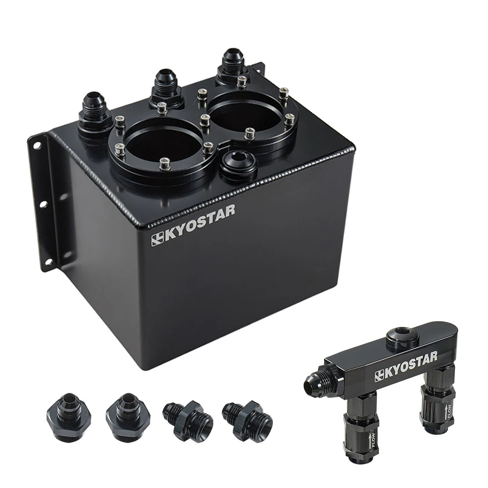Universal 3 Litre Black Anodised Aluminium Dual Pump Fuel Surge Tank with Fuel Rail