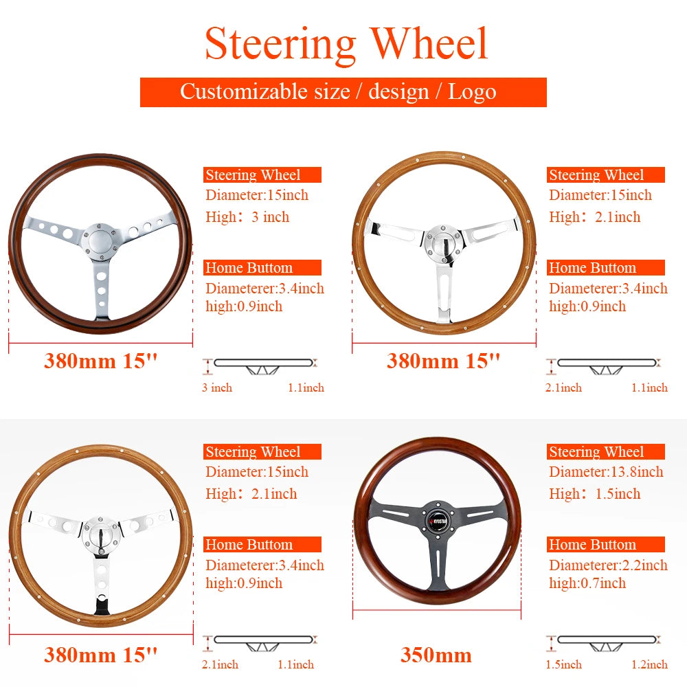 Universal 15 inch 380 mm Classic Real Wood Steering Wheel with Polished Silver Chrome Spokes and Round Holes
