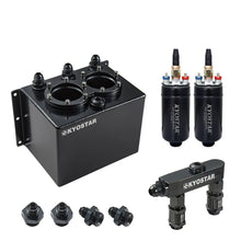 Load image into Gallery viewer, Universal 3 Litre Aluminium Fuel Swirl Surge Pot with Fuel Rail for Dual External Pumps - Black