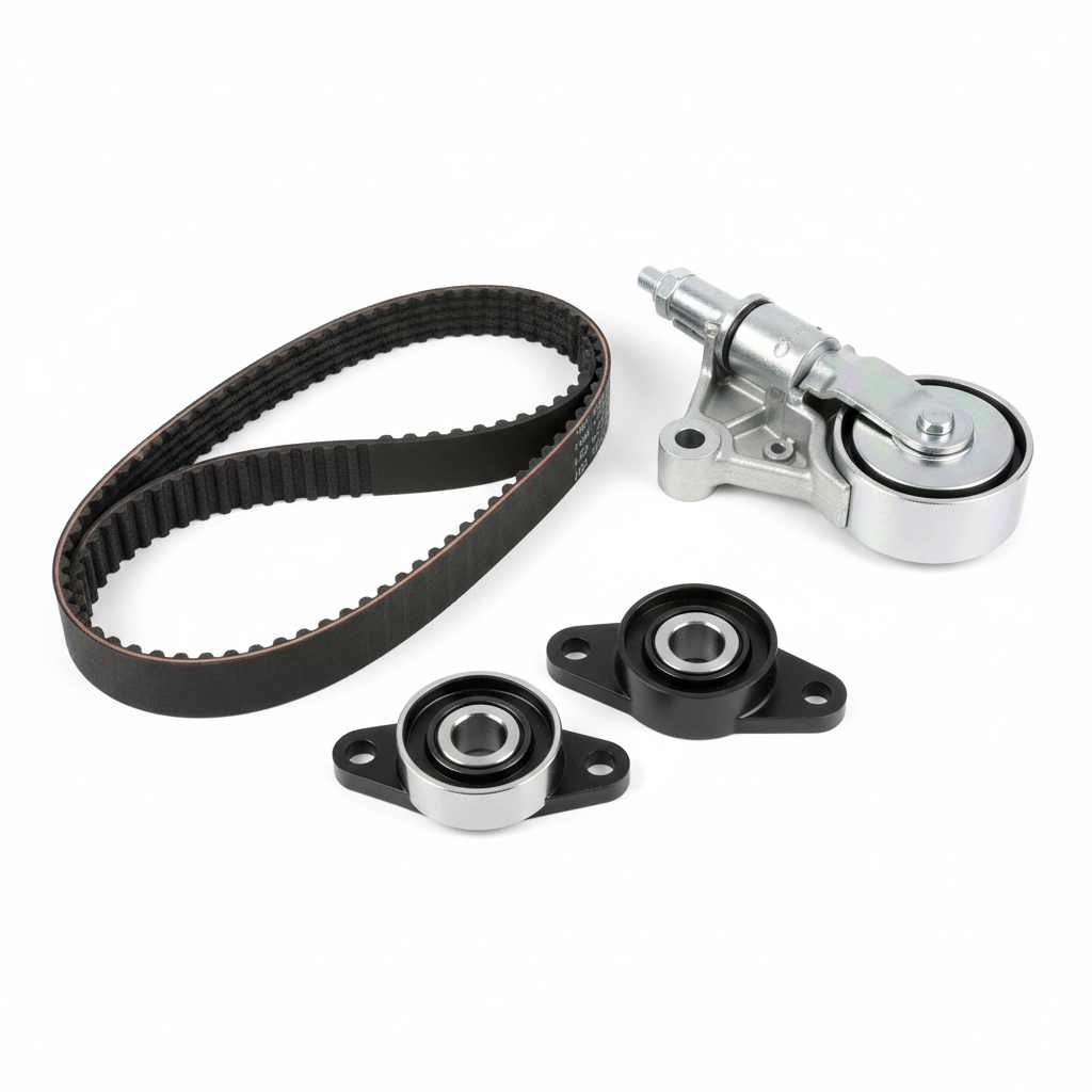Timing belt kit components with tensioner and pulleys