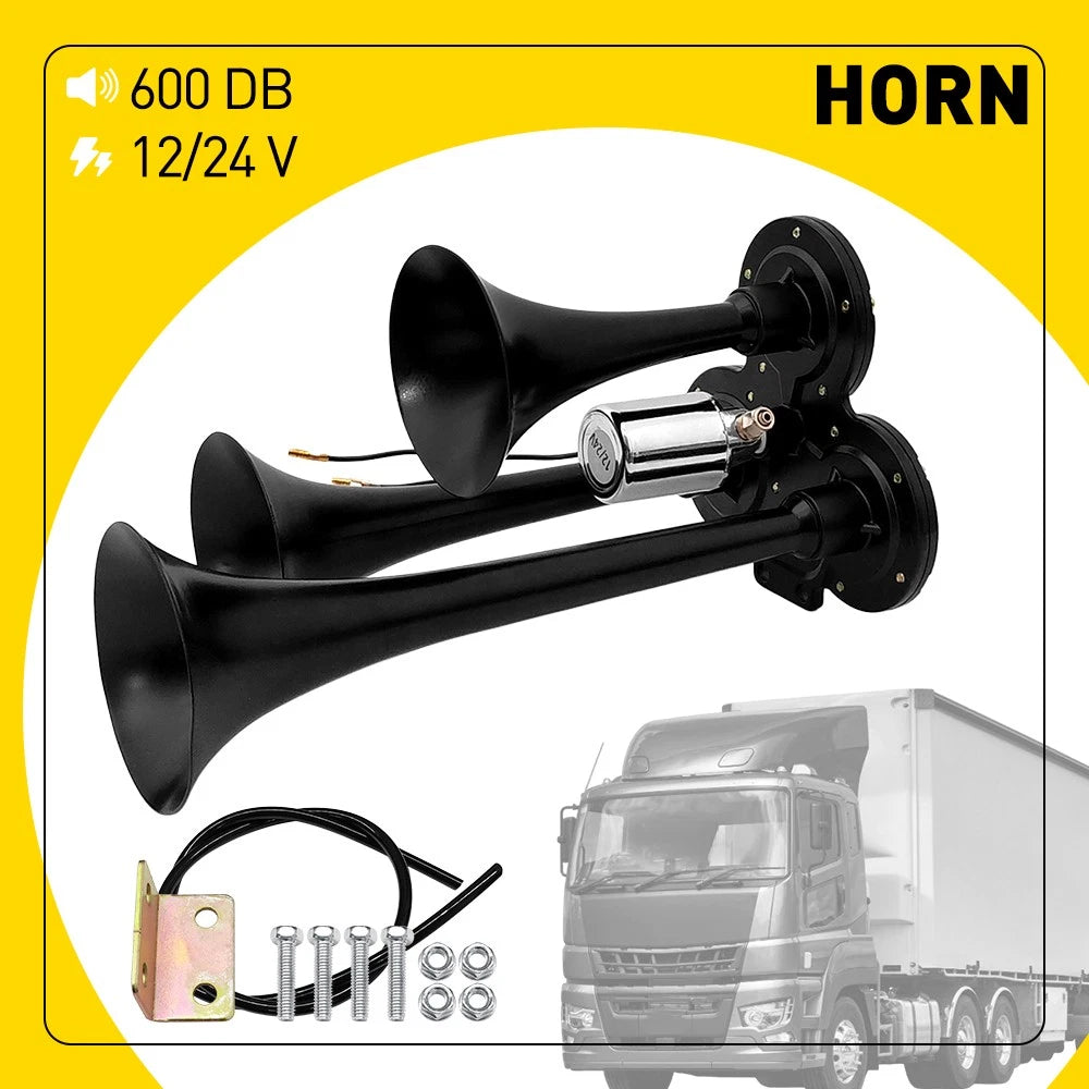 Loud Sound 600DB Horn Train Air Horn Trumpets 3 Black for Boat/Car/SUV 12V 24V