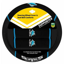 Load image into Gallery viewer, Cronulla Sharks NRL steering wheel cover and seat belt cover set ACNRL-SHA