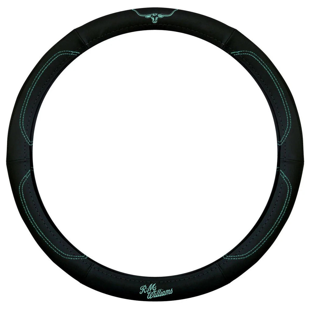 R.M. Williams Steering Wheel Cover 15" Black/Aqua SWRMWAQU