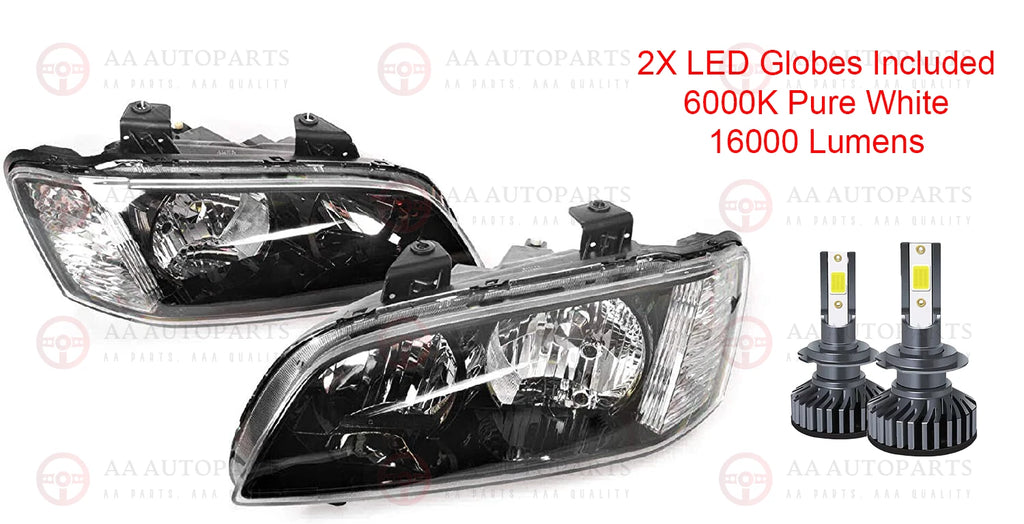 Black headlight pair with H7 LED globes for Holden Commodore VE Series 1
