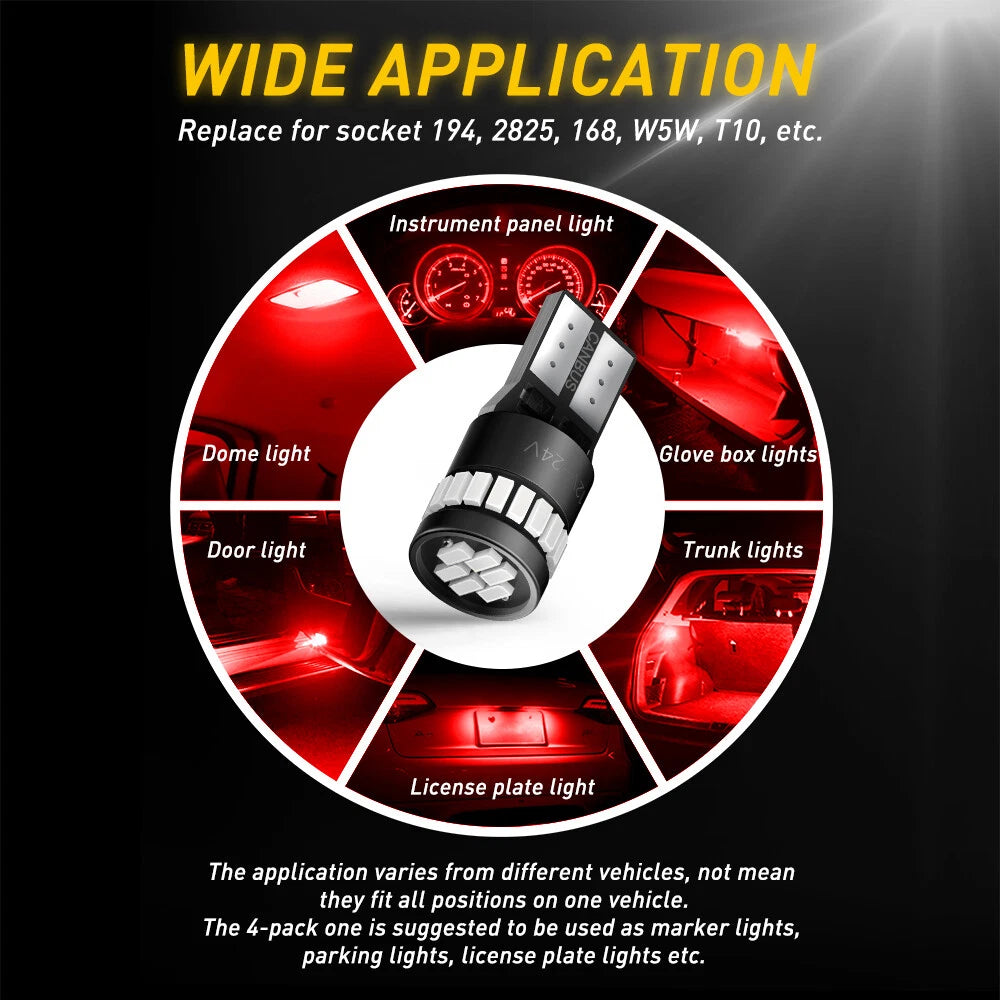 10pcs Canbus Free T10 LED Red Car Side Wedge Light Globe Bulbs 194 168 W5W 12V